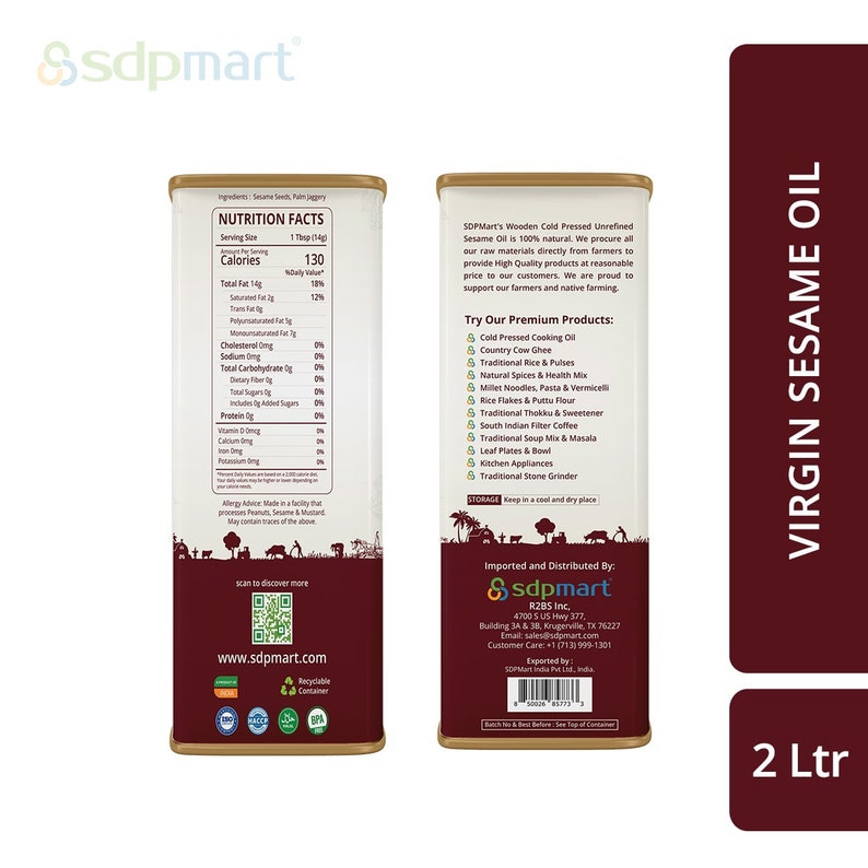 May include: A 2-liter can of virgin sesame oil. The can is red and white with the words "Virgin Sesame Oil" in large, white letters. The can also has a nutrition facts label and information about the product's origin and distribution.