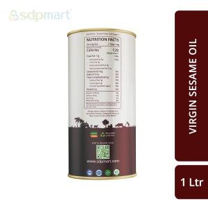 May include: A 1-liter can of virgin sesame oil with a brown label and a nutrition facts label. The label includes the brand name "Ssdpmart" and a QR code. The can is sitting on a white surface.