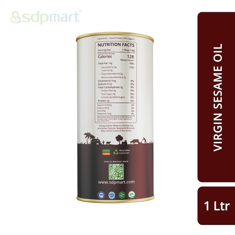 May include: A 1-liter can of virgin sesame oil with a brown label and a nutrition facts label. The label includes the brand name "Ssdpmart" and a QR code. The can is sitting on a white surface.