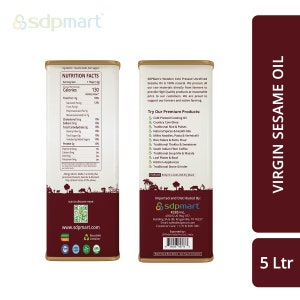 May include: A 5-liter container of virgin sesame oil. The label is brown with white text and features a nutritional facts panel, a list of other products, and information about the importer and distributor. The label also includes a QR code and the company's website.