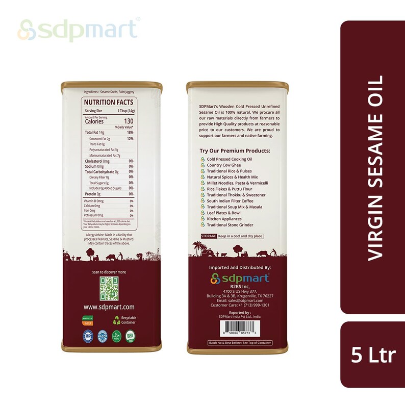 May include: A 5-liter container of virgin sesame oil. The label is brown with white text and features a nutritional facts panel, a list of other products, and information about the importer and distributor. The label also includes a QR code and the company's website.