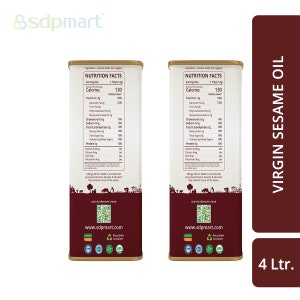 May include: Two 4-liter cans of virgin sesame oil with nutrition facts labels. The cans are gold with a brown label and a green and gold logo. The text on the label reads "Virgin Sesame Oil" and "4 Ltr."