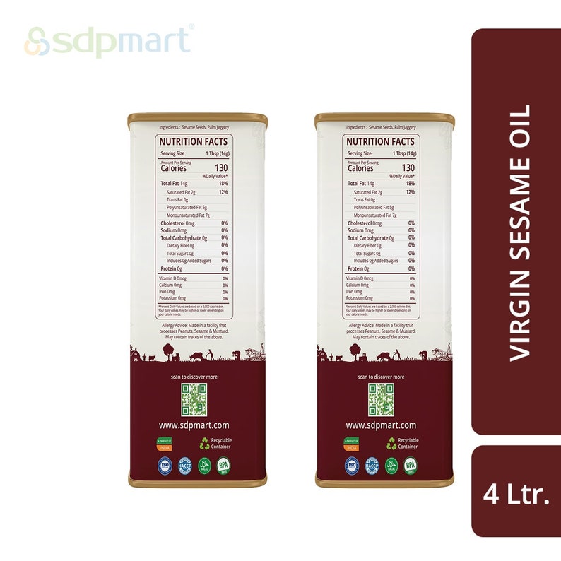 May include: Two 4-liter cans of virgin sesame oil with nutrition facts labels. The cans are gold with a brown label and a green and gold logo. The text on the label reads "Virgin Sesame Oil" and "4 Ltr."