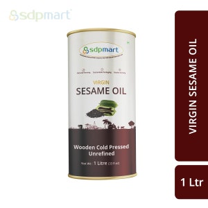 May include: A white can of virgin sesame oil with a gold lid. The can has a brown label with the text "Ssdpmart", "Virgin Sesame Oil", "Wooden Cold Pressed Unrefined", and "Net Wt: 1 Litre (33 fl.oz)".