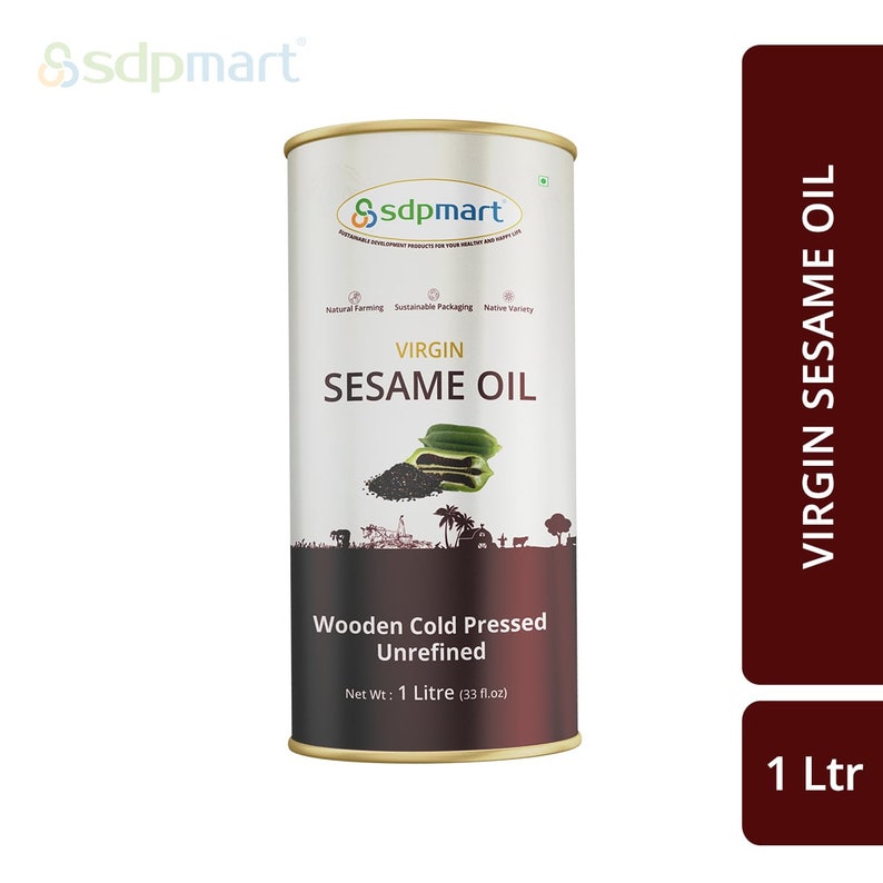 May include: A white can of virgin sesame oil with a gold lid. The can has a brown label with the text "Ssdpmart", "Virgin Sesame Oil", "Wooden Cold Pressed Unrefined", and "Net Wt: 1 Litre (33 fl.oz)".