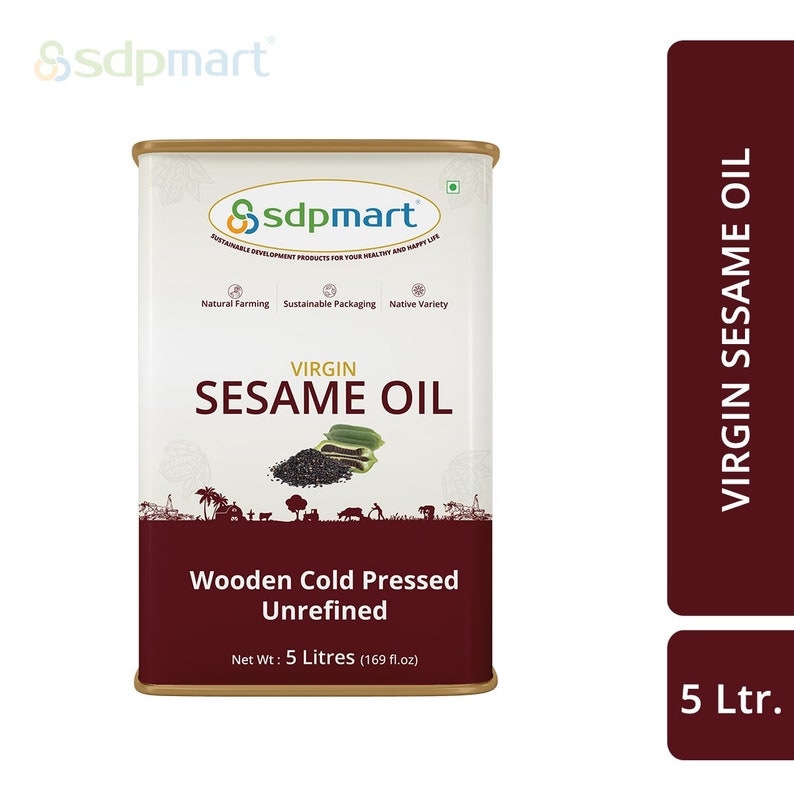 May include: A 5-liter can of virgin sesame oil, cold-pressed and unrefined. The can is labeled with the brand name "Ssdpmart" and features a green leaf and black sesame seeds. The text "Wooden Cold Pressed Unrefined" is printed on the can.