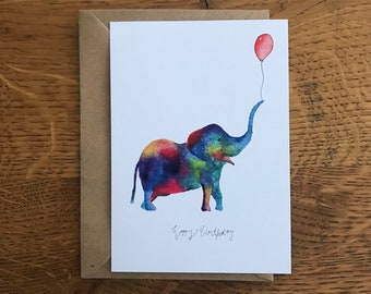 Geburtstagskarte "Happy Birthday" - Aquarell "Bunter Elefant mit Partyhut/Luftballon"