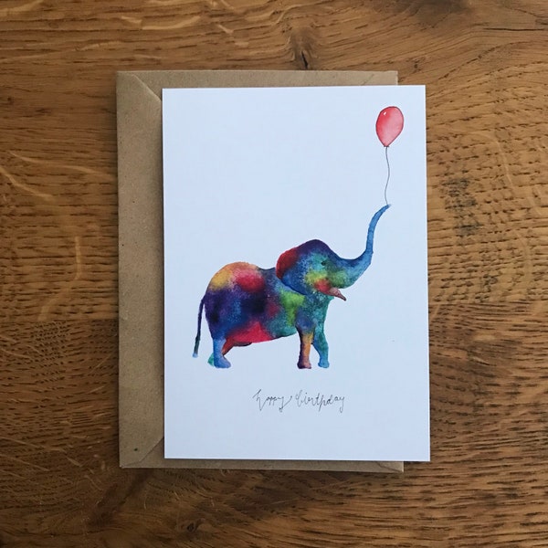 Geburtstagskarte "Happy Birthday" - Aquarell "Bunter Elefant mit Partyhut/Luftballon"