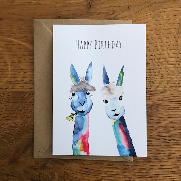 Aquarell Alpakas Geburtstagskarte "Happy Birthday Alpaka" / Karte zum Geburtstag