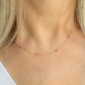 Dainty pink tourmaline gemstone beaded necklace minimal choker October birthstone birthday anniversary gift idea for mom women daughter