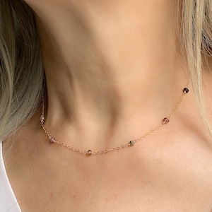 Minimal colorful tourmaline gemstone beaded necklace choker gold layered jewelry raw crystal October birthstone raw gift idea