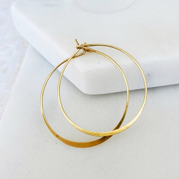 Hammered raw brass hoops delicate large hoop earrings bohemian jewelry boho gift for her two sizes