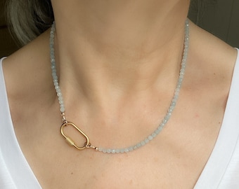 Blue Beaded Aquamarine Charm Holder Gemstone Necklace With Carabiner Clasp Choker March Birthstone Oval Stainless Steel