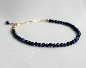 Dainty Lapis Lazuli Bracelet Gemstone Beaded Jewelry Minimalist Blue Stone Accessory for September Birthdays 9th Anniversary Gifts for her