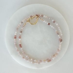 Pink Opal Heart Carabiner Necklace Semi Precious stone Beaded Jewelry Dainty gemstone Gift for Her Minimalist October Birthstone Choker