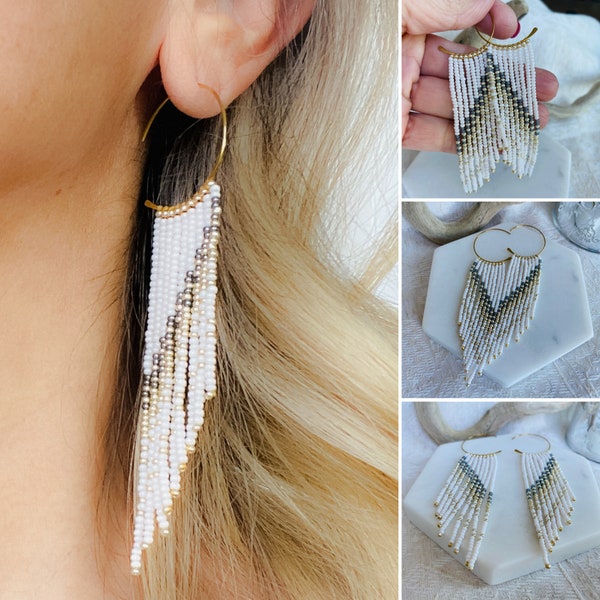 Very Long Beaded Earrings fringe hoop earrings seed bead earings handmade boho jewelry raw brass 14k gold filled 925 sterling silver