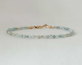 Dainty aquamarine beaded bracelet minimalist pale blue crystal gemstone march birthstone 19th anniversary gift for idea women mom