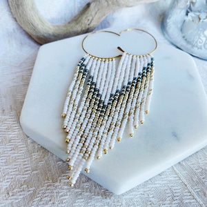 Fringe Beaded Earrings Long Hoop Earrings Boho Seed Bead Jewelry