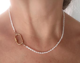 Pearl Connector Necklace Gemstone Beaded Stainless Steel Carabiner Clasp Oval in gold or silver