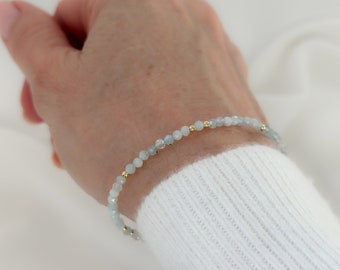 Aquamarine Bracelet March Birthstone Jewelry Dainty Calming Gemstone Beaded Bracelet for Birthday or Anniversary Gift Natural Crystal Gold