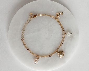 Gold Filled Charm Bracelet Double Chain, Pearl & Starfish, Layering Jewelry