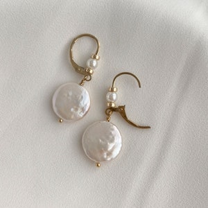 Flat coin pearl dangly earrings real baroque freshwater pearls minimal bridal wedding jewelry birthday gift idea for women