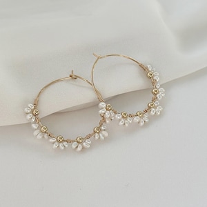 Pearl Hoop Earrings for Women Large 14k Gold Filled Wedding Earrings Bridal Flower Pearl Hoops June Birthstone Anniversary Jewelry Gift