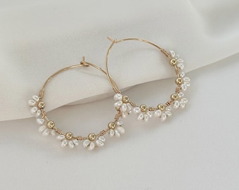 14k Gold Filled Pearl Hoop Earrings dainty bridesmaid gift minimalist handmade jewelry anniversary gifts for her June birthstone birthday