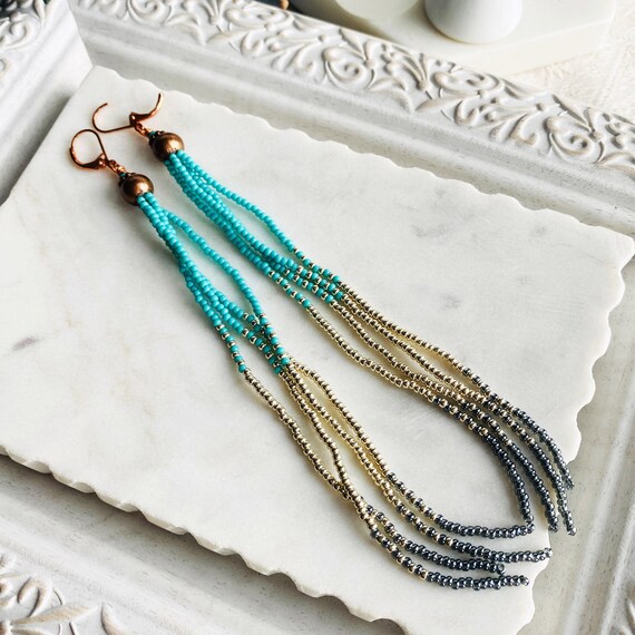 Long Fringe Beaded Earrings in Copper Boho Seed Bead Jewelry Etsy