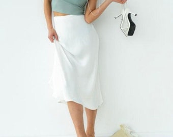 White silk midi skirt for women, Ivory midi silk skirt, 100% natural silk skirt, silk satin skirt, wedding guest skirt, High waist skirt