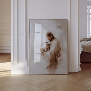Jesus leaves the 99 Printable poster Modern Christian Home Decor Wall Art Jesus and the Lamb Digital Download Painting Bible Scripture Art