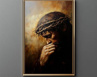 Puede incluir: Una pintura de un hombre con una corona de espinas en la cabeza, mirando hacia abajo con la mano en la barbilla. La pintura está hecha en un estilo oscuro y realista.