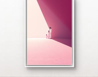 Arte de Jesús con niños: Lámina cristiana moderna rosa para guardería (descarga digital)