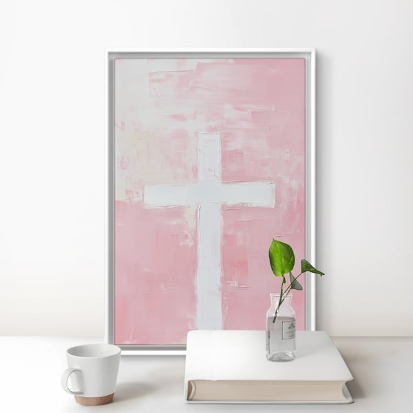 Pink Cross Modern Christian wall digital art print For teens Girly Wall art decor Pink poster Christian Girl Wall decor Jesus Loves You.