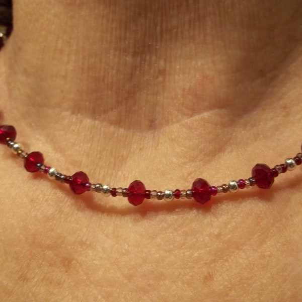 Cherry Red. Love, sparkling, petite,  red, Valentine's choker, red and silver seed bead 16 inch choker, Boho necklace, crystal red tone