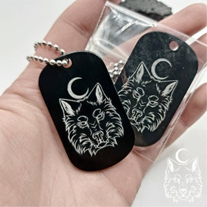 Wolf & Crescent Moon Laser Engraved Dogtag