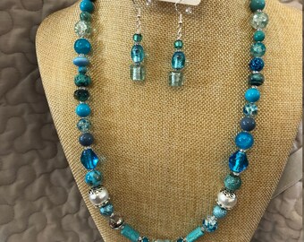 20 inch multi blue and white Czech glass bead necklace and earrings