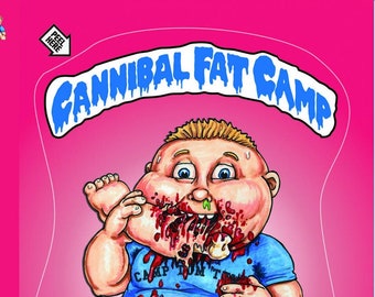May include: A cartoon illustration of a large, overweight baby with a blue shirt and blue jeans eating a human leg. The baby is covered in blood and has a green booger on its nose. The text "Cannibal Fat Camp" is written in blue and white letters at the top of the image. The text "Mark C. Scioneaux & David C. Hayes" is written in yellow letters at the bottom of the image.