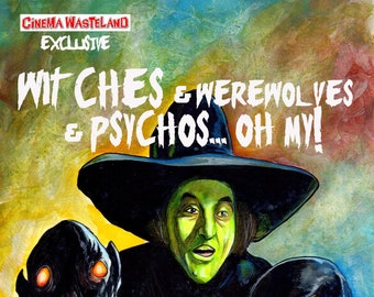 May include: A colorful illustration of a movie poster featuring a witch, a werewolf, and a monster. The poster is titled "Witches & Werewolves & Psychos... Oh My!" and features the name "Christie Hayes" at the bottom.