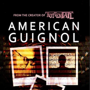 Op de afbeelding: Boekomslag met de titel "American Guignol" in witte tekst op een zwarte achtergrond. De naam van de auteur, "David C. Hayes", staat in witte tekst onderaan de omslag. De omslag bevat drie Polaroid-achtige foto's met een glitch- en pixel-effect. De foto's tonen een hand die uitreikt, een gezicht van een persoon dat verborgen is door statische ruis en een gezicht van een persoon in een donker, wazig beeld.