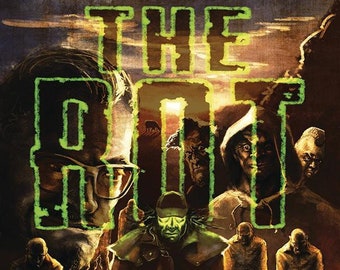May include: A comic book cover with a dark, gritty, and mysterious theme. The cover features a man in a long coat standing in front of a group of people. The title "The Rat" is written in green letters across the top of the cover.