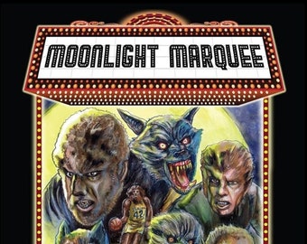 May include: A colorful illustration of a movie marquee with the words "Moonlight Marquee" in black text. The marquee is surrounded by a red border with yellow polka dots. The image features a group of werewolf faces in various poses, with a basketball player in the center. The text "The Werewolf Film Encyclopedia" is at the bottom of the image.
