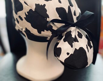 Cow print ponytail scrub cap
