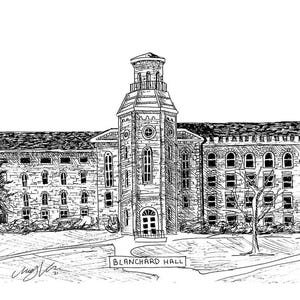 May include: Black and white line drawing of a building with a clock tower. The building is labeled "Blanchard Hall".