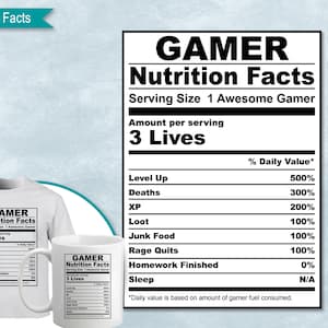 Gamer Nutrition Facts, SVG Nutritional Fact Label Template, Printable, DIY, Eps, PNG, SvG, DxF, Cricut, Silhouette