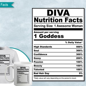 Puede incluir: Un diseño gráfico en blanco y negro de una etiqueta de información nutricional para una "Diva". La etiqueta enumera varias cualidades, como "Altos estándares", "Alma", "Confianza" y "Mal día para el cabello", con valores diarios porcentuales correspondientes. El texto "*El valor diario variará según el estado de ánimo de la persona." está en la parte inferior de la etiqueta.