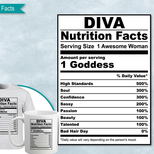 Diva Nutrition Facts, SVG Nutritional Fact Label Template, Printable, DIY, Eps, PNG, SvG, DxF, Cricut, Silhouette