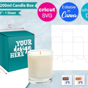 Könnte beinhalten: Eine türkisfarbene Kerzenbox mit dem Text "YOUR design HERE" und den Maßen 7 cm x 7 cm und 8,9 cm hoch. Eine brennende Kerze in einem Glas steht neben der Box. Das Bild enthält auch eine Boxvorlage und SVG-, DXF- und PNG-Dateisymbole.