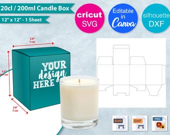 Plantilla para caja de regalo con vela de 200 ml, lámina de 30 x 30 cm, caja para vela de 20 cl, caja para regalo DIY, Canva, Cricut, Silhouette, archivo de corte SVG, PNG