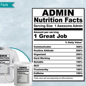 Puede incluir: Un diseño gráfico en blanco y negro de una etiqueta de información nutricional para un "Admin". La etiqueta indica que el tamaño de la porción es "1 Awesome Admin" y la cantidad por porción es "1 Great Job". La etiqueta incluye una lista de cualidades con sus porcentajes de valor diario correspondientes, como "Communicator" al 300%, "Positive Attitude" al 200% y "Caffeine" al 150%.